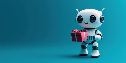 Fototapeta premium A friendly android robot stands happily while holding a colorful gift box. The robot\'s expression is joyful and the bright blue background adds a festive atmosphere to the moment