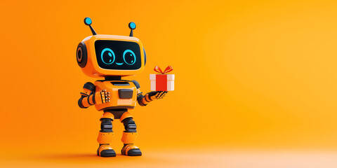 The cheerful android robot stands proudly in a vibrant orange background holding a neatly wrapped gift box adorned with a bow exuding a sense of joy and celebration
