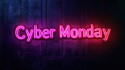 Vibrant neon words proclaim Cyber Monday glowing intensely against a black background capturing the excitement of online shopping sales and deals during this popular event