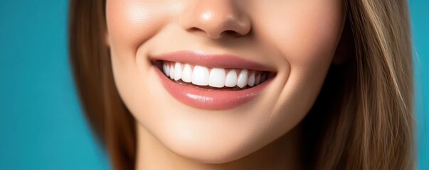 Obraz premium Woman s relaxed smile, white teeth showing, minimal makeup, timeless beauty