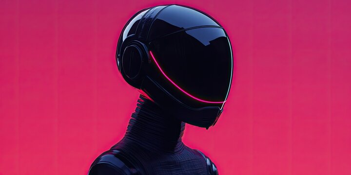 A streamlined humanoid figure showcases a glossy helmet with a neon glow embodying minimalism and cutting-edge aesthetics attracting attention on Cyber Monday