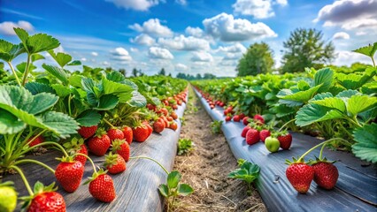 Panoramic strawberry harvest scene with strawberry bushes and propagation