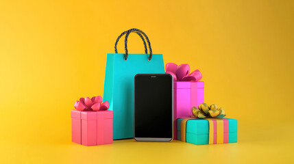 A vibrant shopping bag alongside several wrapped gift boxes creating a festive atmosphere. A mobile phone rests among the presents symbolizing modern gifting trends