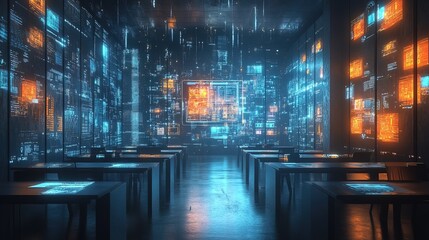 Digital classroom with holographic data visualizations on desks