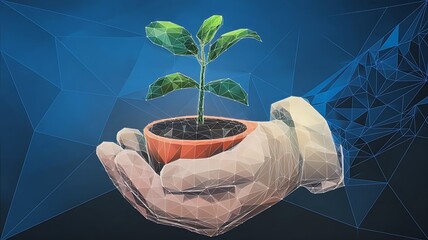 Modern Low Poly Design of a Hand Cradling a Young Plant in Soil on a Blue Geometric and Wireframe Background