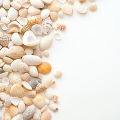 Fototapeta premium A collection of beautiful seashells arranged artfully on a white background, evoking a sense of tranquility and coastal charm.