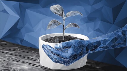 Modern Low Poly Design of a Hand Cradling a Young Plant in Soil on a Blue Geometric and Wireframe Background