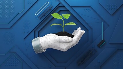 Modern Low Poly Design of a Hand Cradling a Young Plant in Soil on a Blue Geometric and Wireframe Background