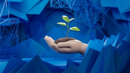 Modern Low Poly Design of a Hand Cradling a Young Plant in Soil on a Blue Geometric and Wireframe Background