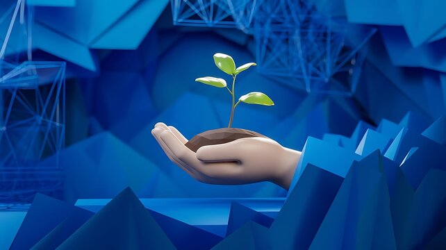 Modern Low Poly Design of a Hand Cradling a Young Plant in Soil on a Blue Geometric and Wireframe Background