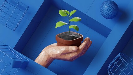 Modern Low Poly Design of a Hand Cradling a Young Plant in Soil on a Blue Geometric and Wireframe Background