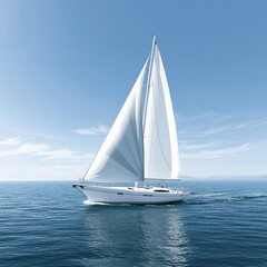 Obraz premium A beautiful sailboat gliding across a tranquil sea, with billowing white sails under a clear blue sky.