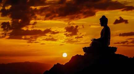 Silhouette of a Buddha statue sitting atop a hill with a sunset background