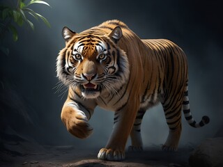 angry wild tiger in dark