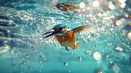 Kingfisher Chasing Small Fish Underwater with Focused Expression and Dynamic Wings
