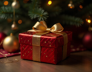 A festive gift box wrapped in shiny red paper with a golden ribbon