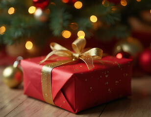 A festive gift box wrapped in shiny red paper with a golden ribbon