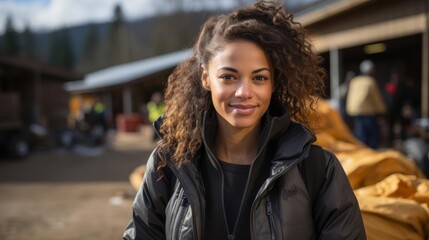 A woman with curly hair is smiling in front of a building