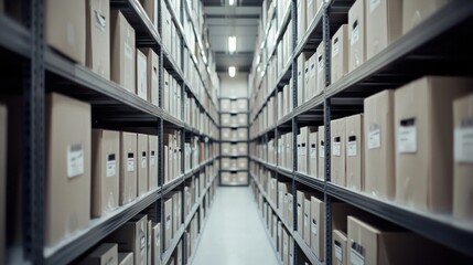 Warehouse storage shelves filled with cardboard boxes
