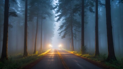 Fototapeta premium Misty Evening Road Through Tall Trees With Vehicle Headlights Illuminating the Foggy Surroundings