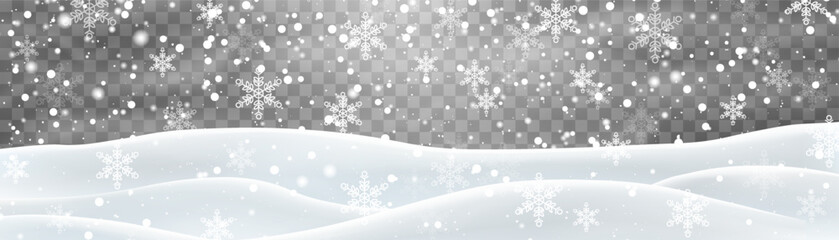 Snow flakes, snow and blizzard falling on snowdrifts. Snow landscape decoration, frozen hills isolated on png background. Vector heavy snowfall with snowbanks field. Christmas vector illustration