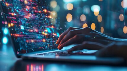 Person typing code on a laptop with vibrant digital overlay