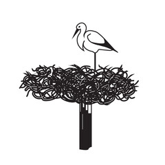 Stork on the nest. Vector black and white image.