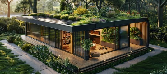 Obraz premium Eco-Friendly Autonomous House with Solar Panels and Green Roof in Urban Community