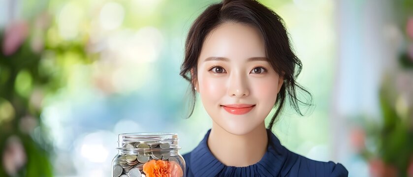 Asian woman happily placing coins into a saving jar focused on achieving her financial goals and wealth growth through careful planning and investment