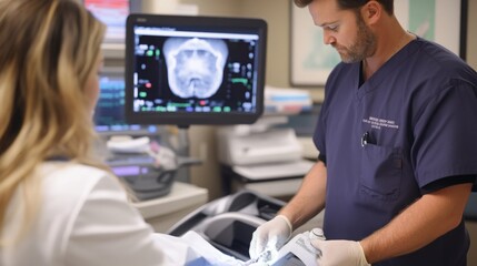 A doctor, wearing scrubs and gloves, is examining an x-ray on a computer screen with a patient. The patient is wearing a white lab coat and has long blond hair.