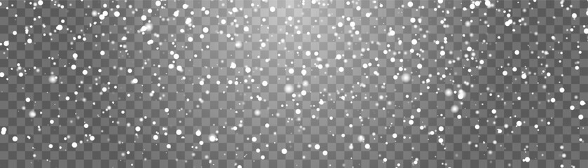 Vector falling snowflakes on png background. Vector heavy snowfall. White snowflakes flying in the air. Snow flakes, snow and blizzard. Christmas snow. Vector illustration isolated on transparent.