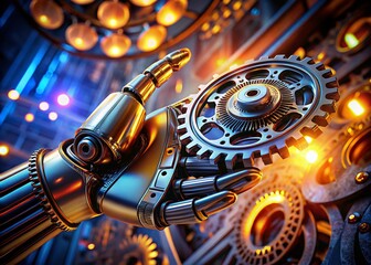 Fototapeta premium Robot Hand Holding Gear Wheel - Futuristic Technology Portrait Photography