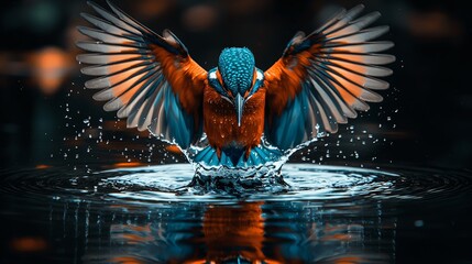 Kingfisher Gliding Just above Water Surface with Wings Spread and Vibrant Feathers