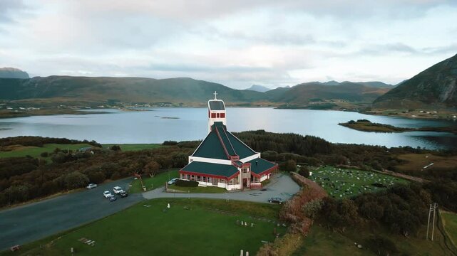 Panoramic drone view of Borge church inlofoten islands, Norway