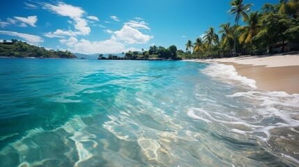 Fototapeta premium A beautiful beach with a clear blue ocean and palm trees