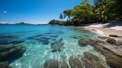 Fototapeta premium A beautiful beach with a clear blue ocean and a few rocks