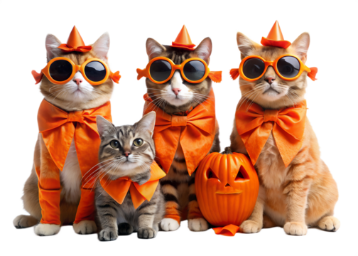Set of costumed Halloween cats. Funny cute cats wearing Halloween orange outfits bows and sunglasses on transparent background, Png Element, Png Photo