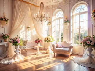Fototapeta premium Romantic Dreamy White Interior with Sunny Windows and Warm Tones for Bridal Mock Up Photography