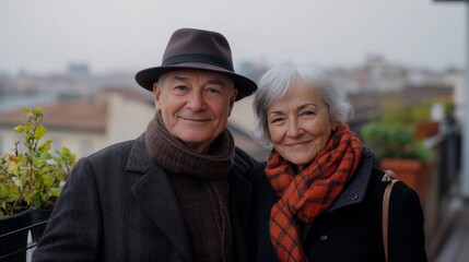 Fototapeta premium Man and a woman are smiling for the camera. The man is wearing a hat and a scarf, while the woman is wearing a scarf and a hat. They are standing on a balcony, looking out at the city
