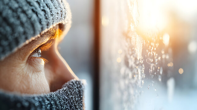A person gazing through a frosted window captured in warm light during winter evoking a sense of reflection and comfort