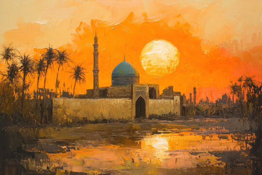 oil painting on paper of Beautiful landscape of Iraq in the morning