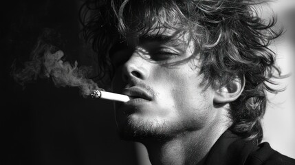 Obraz premium A Close-up of a Man Smoking a Cigarette with Smoke in the Air