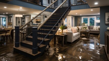 A staircase leading to a living room with a couch and a coffee table