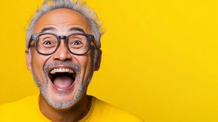 Man with glasses is smiling and laughing. He is wearing a yellow shirt. The image conveys a happy and cheerful mood