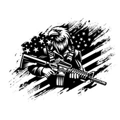 An eagle holding a rifle with an American flag in the background. black and white vector illustration