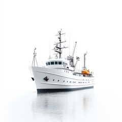 A sleek white ship anchored in calm waters, surrounded by a serene backdrop, symbolizing adventure and exploration.