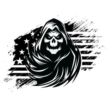 Angry Grim Reaper With American Flag Background. black and white vector illustration