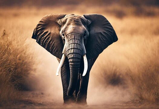 AI-generated Majestic African elephant walking through a dusty savannah, showcasing its powerful presence and natural beauty.
