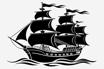 Pirate Ship Silhouette Vector on Ocean