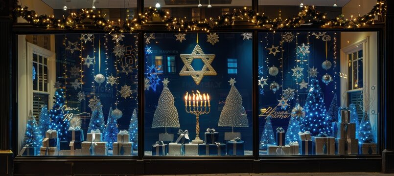 Hanukkah Storefront Display With Menorah, Dreidels, and Blue Wrapped Gifts for Holiday Decor - Powered by Adobe